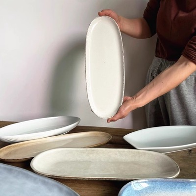 欧式复古粗陶鱼盘长形盘菜盘家用陶瓷餐具餐盘高级感日式餐水果盘