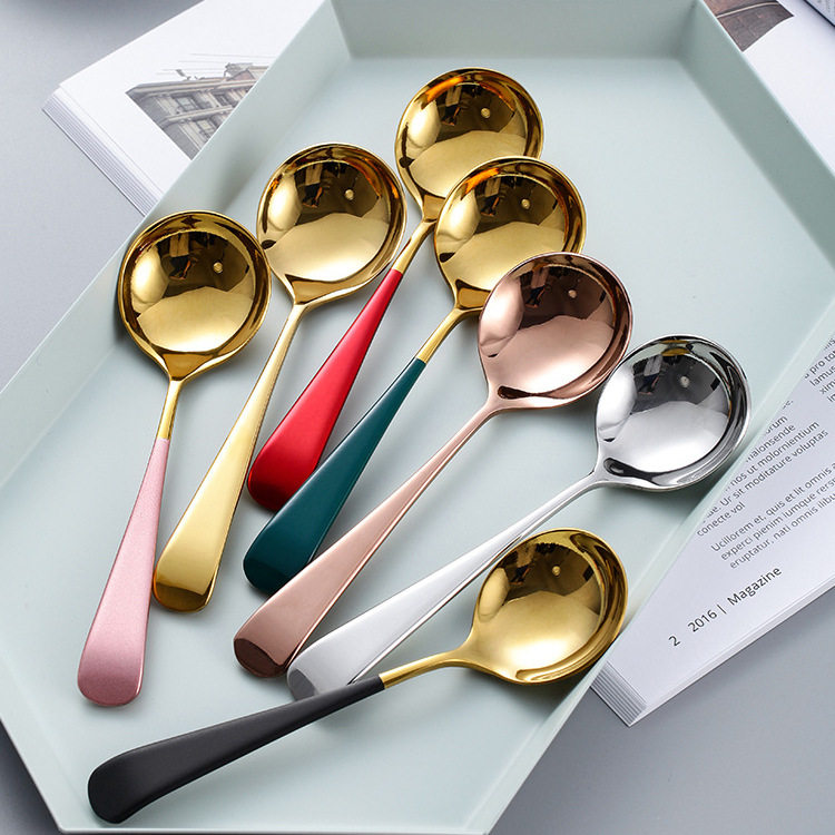 不锈钢餐具网红勺 镀钛韩式小圆头勺 儿童饭勺调羹汤勺蛋糕甜品勺