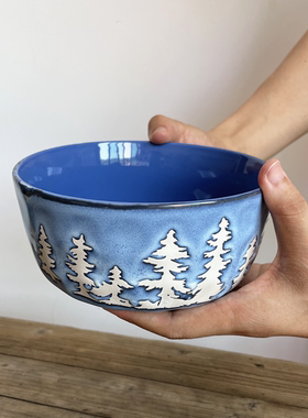欧式创意松树陶瓷碗蓝色厚实沙拉碗哑光粗陶餐具家用泡面碗餐厅碗