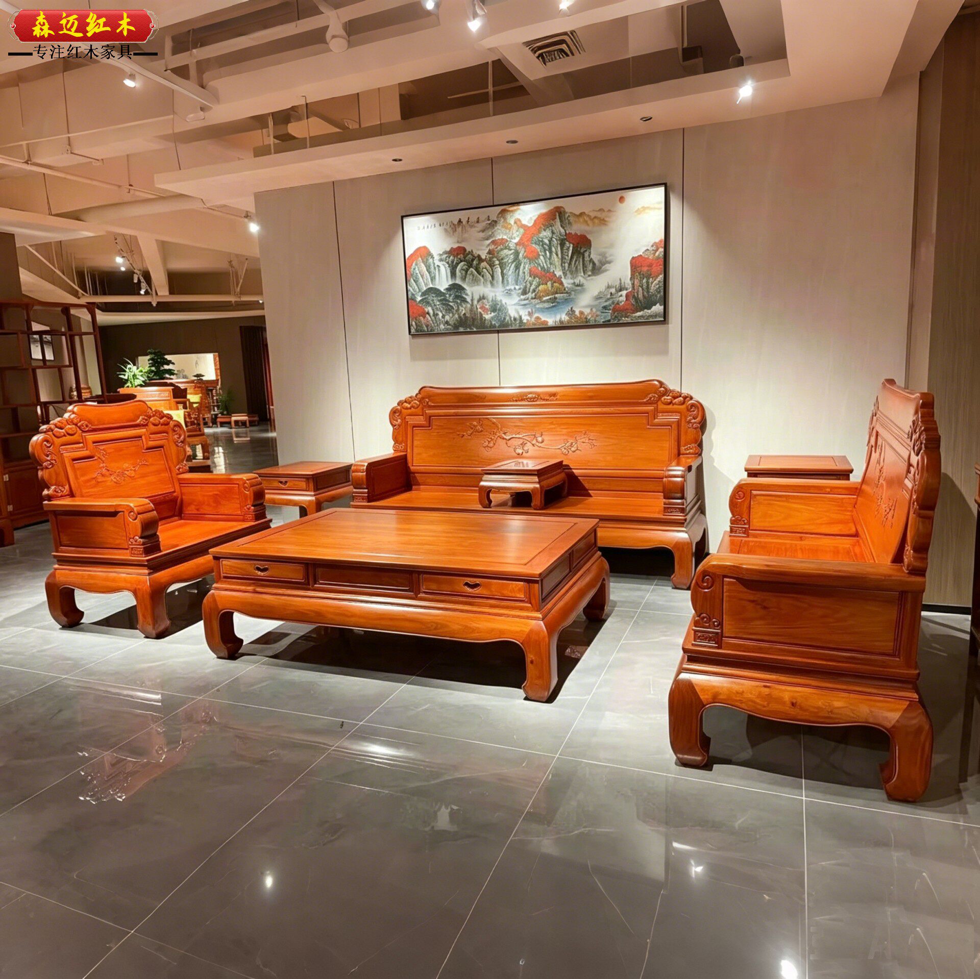 缅甸花梨柿柿如意沙发六件套大果紫檀沙发加厚独板精品沙发榫卯