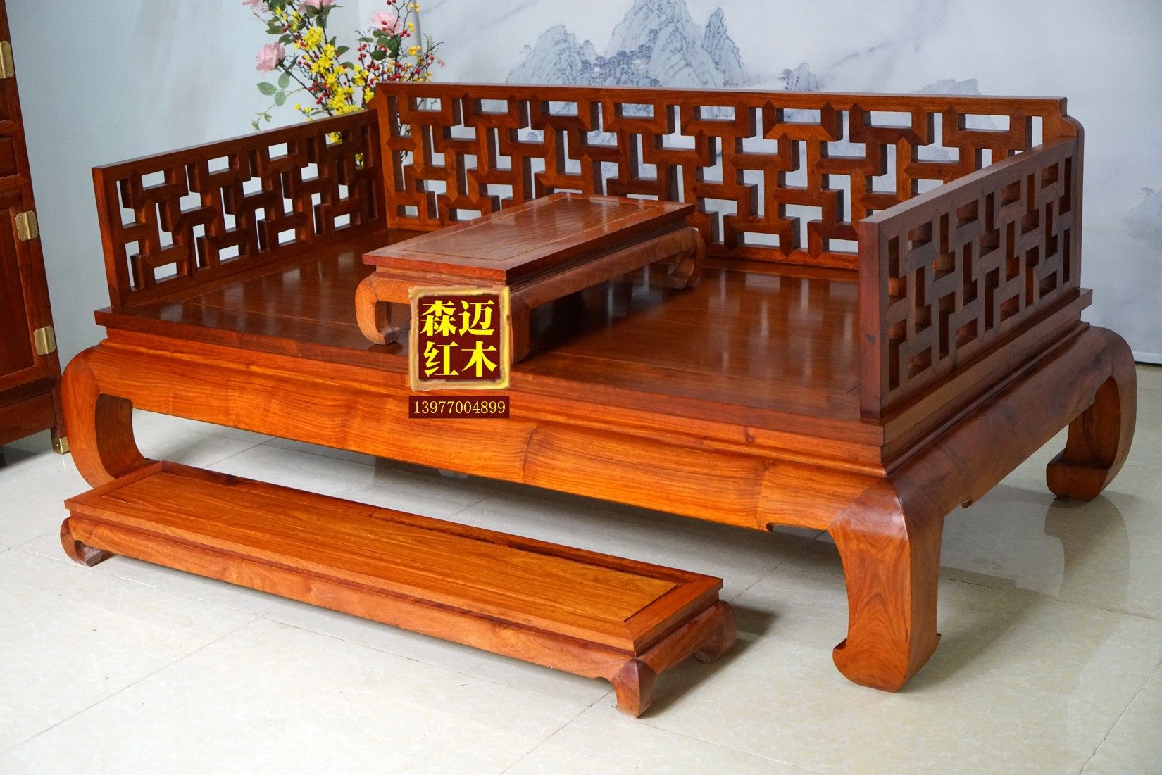 缅甸花梨红木罗汉床加厚万字格原木花梨木榫卯明清品质古典奢华型