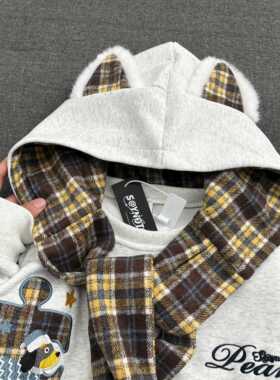 覆YBN古美纹披带肩绑连式格冬帽卫衣女秋宽XUB松慵懒风加拼绒加厚