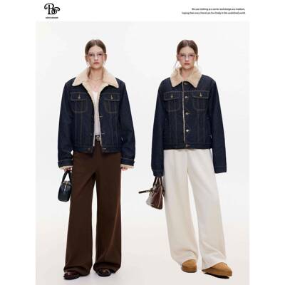 BXZ厚冬高O级感牛仔羊羔毛绒外套女季新款加宽加SJGMAV松显瘦夹克