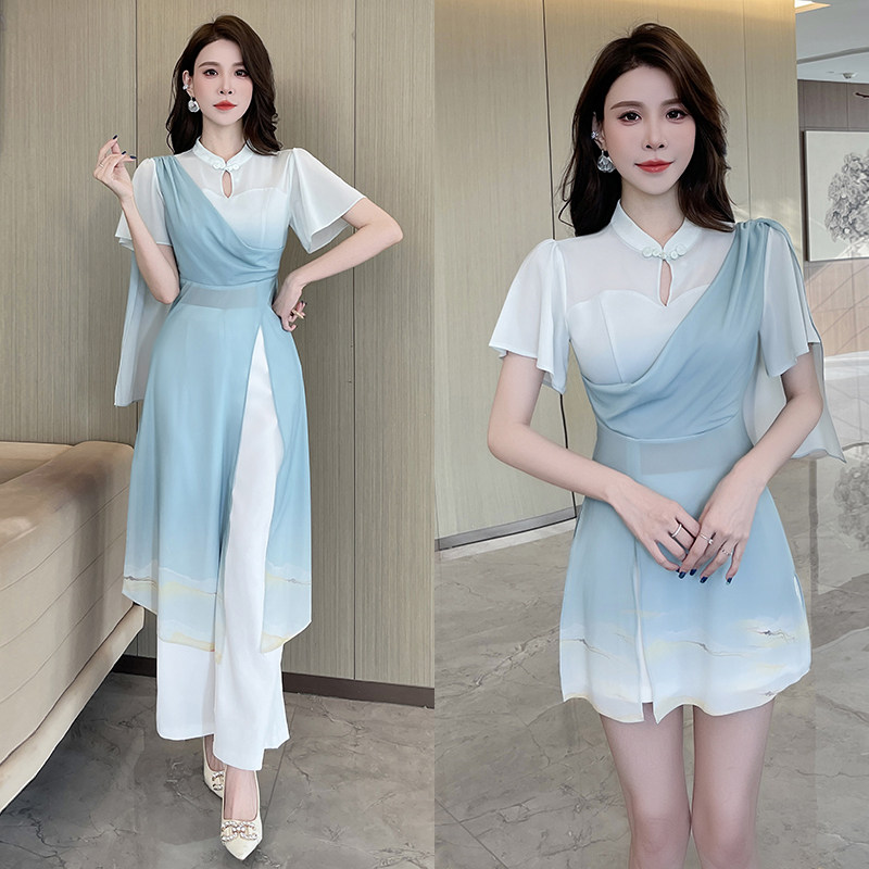 spa按摩技师工作服女蓝色立领修身显白减龄足浴足疗店采耳师制服