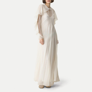 优雅知性气质约会收腰荷叶桑蚕丝真丝飘逸净色奶白色两件套连衣裙