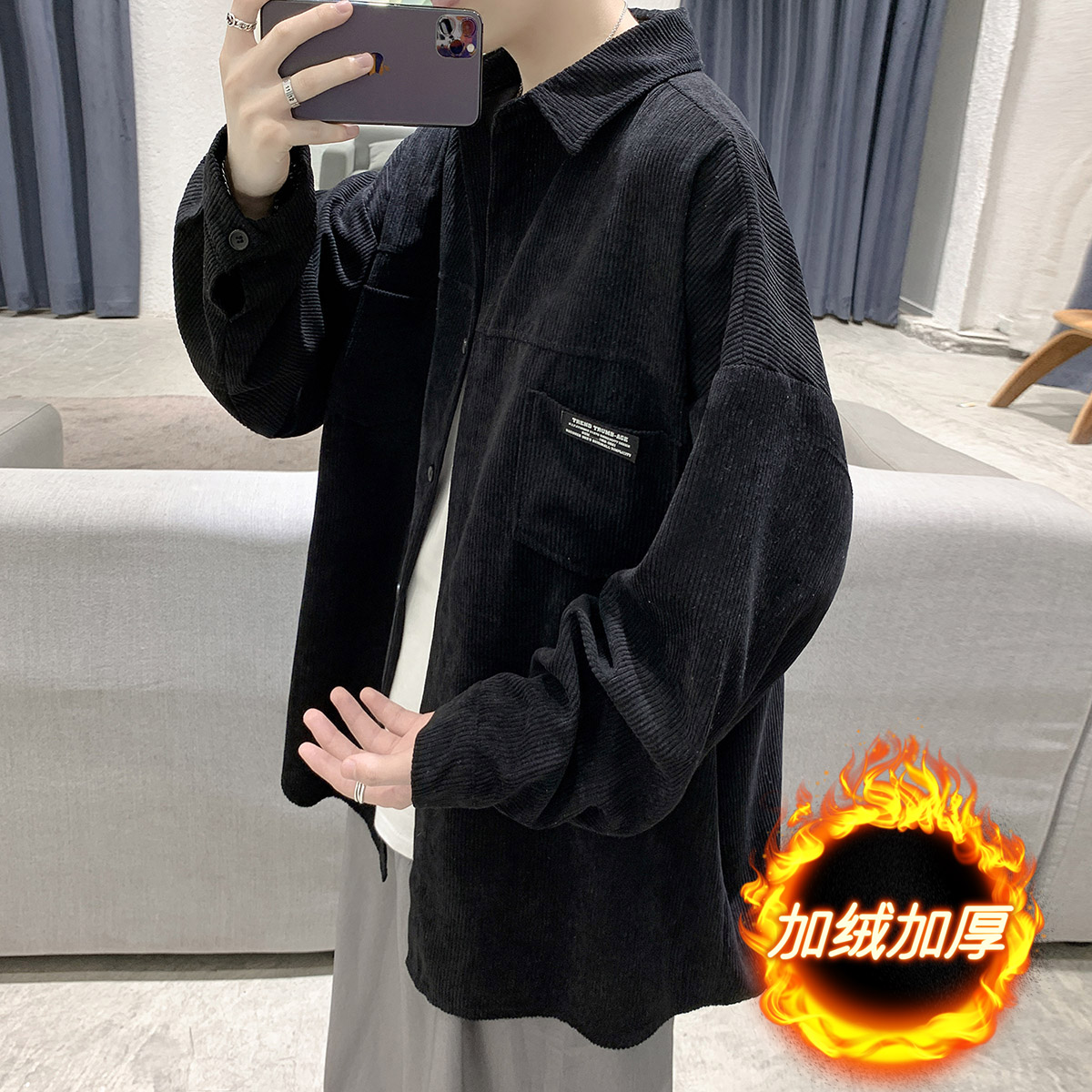 冬季衬衫男长袖加绒加厚加大码韩版潮流港风休闲衬衣外套DX115P65,男装衬衫,电商B413-1