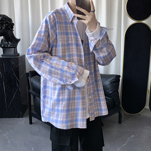 春季新款港风格子衬衫男长袖韩版潮流帅气休闲情侣衬衣CS606P45
