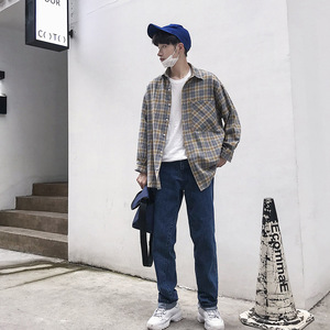 港风格子衬衫男外套春秋潮流帅气网红很仙的加大码衬衣GC809 P40图片
