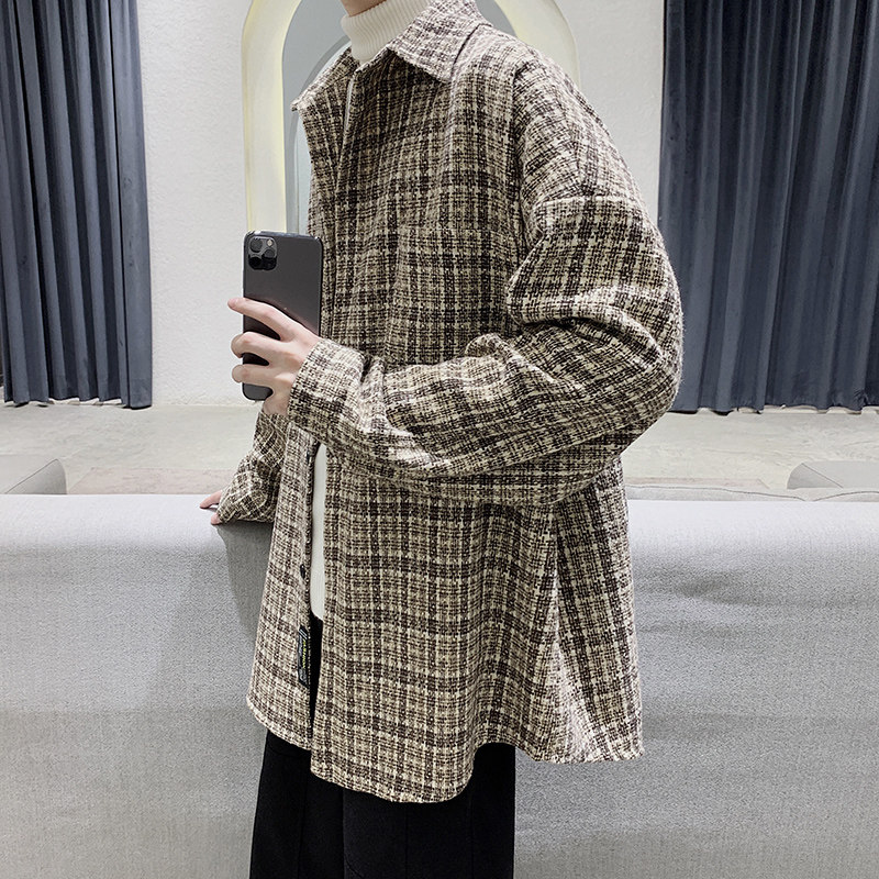 秋季ins港风格子衬衫男士大码百搭超火衬衣宽松情侣外套DX125P60,男装衬衫,电商B413-1