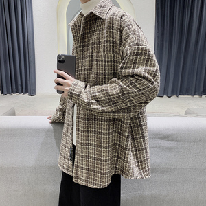 秋季ins港风格子衬衫男士大码百搭超火衬衣宽松情侣外套DX125P60