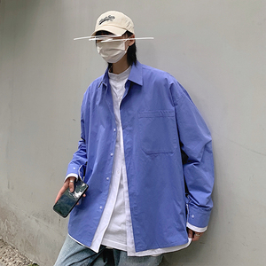 纯棉 秋季港风衬衫男士长袖潮牌宽松百搭休闲假两件衬衣DX812 p60图片