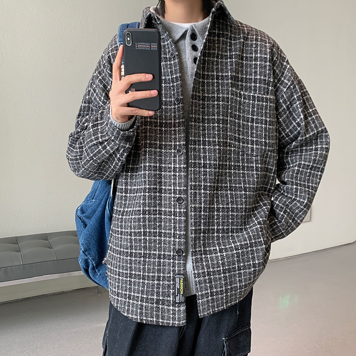 衬衫男长袖秋季韩版帅气港风复古宽松休闲格子衬衣外套DX125 P60图片
