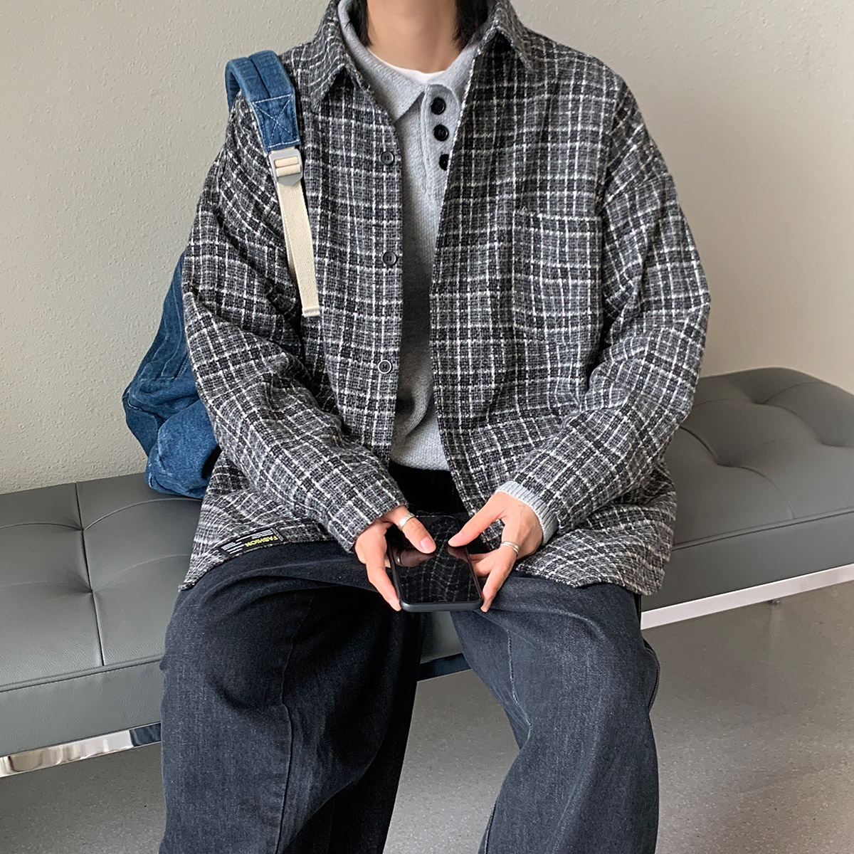 衬衫男港风格子休闲韩版潮流百搭帅气超火男衬衣宽松外套DX125P60,男装衬衫,电商B413-1