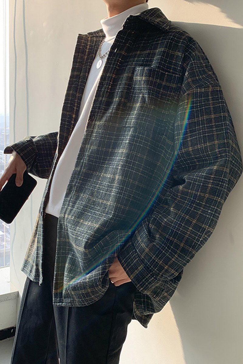 毛呢加厚大码衬衫男秋季衬衣港风情侣格子外套M1018P65,男装衬衫,电商B413-1