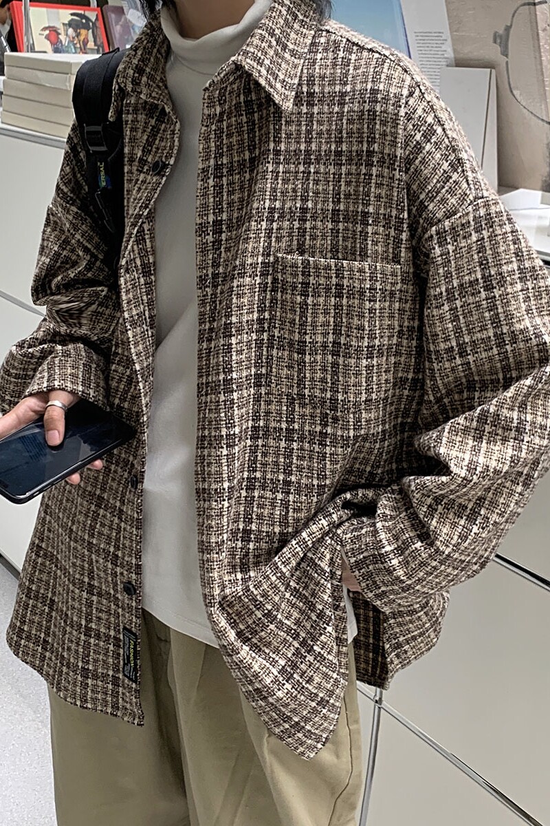 衬衫男港风格子休闲韩版潮流百搭帅气超火男衬衣宽松外套DX125P60,男装衬衫,电商B413-1