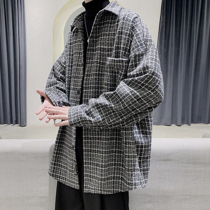 秋季ins港风格子衬衫男士大码百搭超火衬衣宽松情侣外套DX125P60,男装衬衫,电商B413-1
