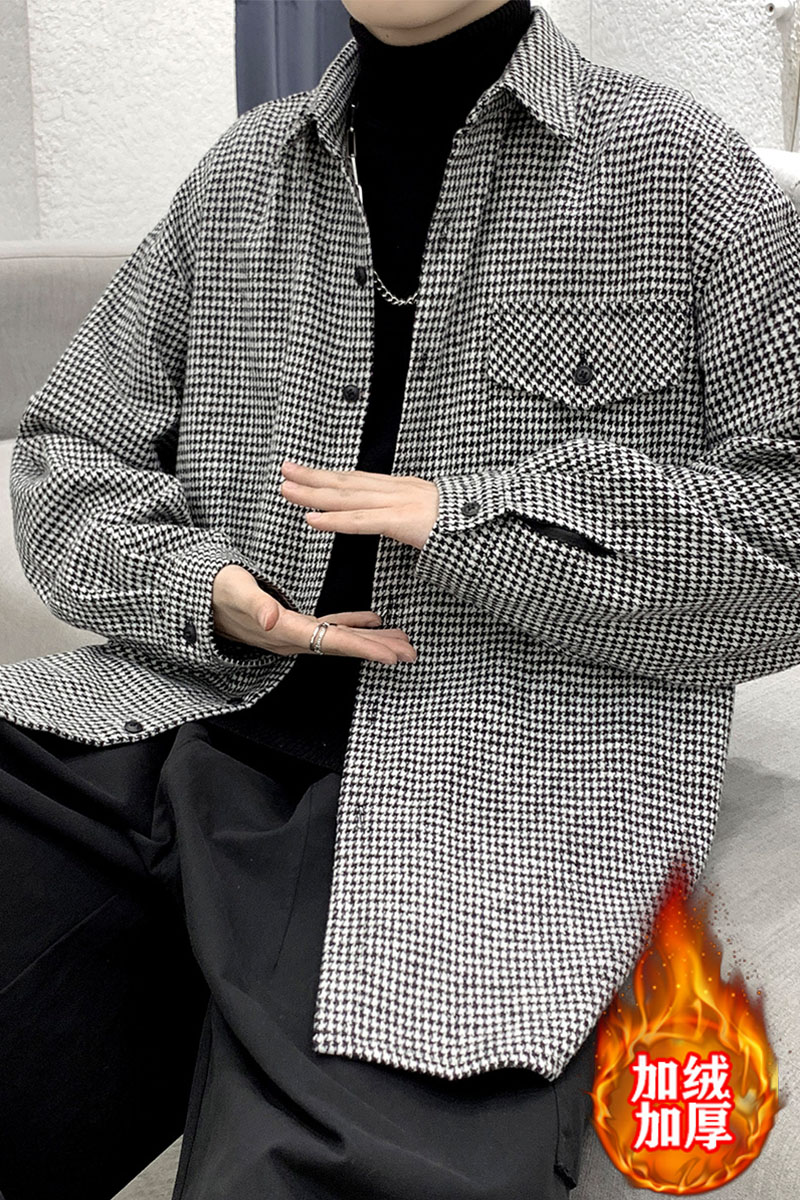 加绒加厚大码衬衫男秋装韩版潮流帅气港风衬衣休闲外套DX35P70,男装衬衫,电商B413-1
