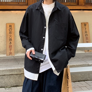 纯棉 秋季港风衬衫男士长袖潮牌宽松百搭休闲假两件衬衣DX812 p60图片