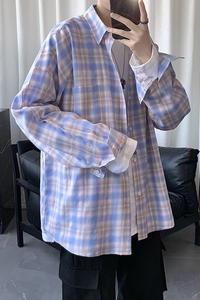 春季新款港风格子衬衫男长袖韩版潮流帅气休闲情侣衬衣CS606 P45图片