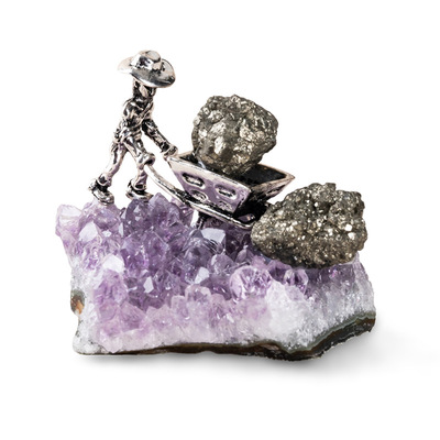 手工天然紫晶簇摆件合金矿工造型