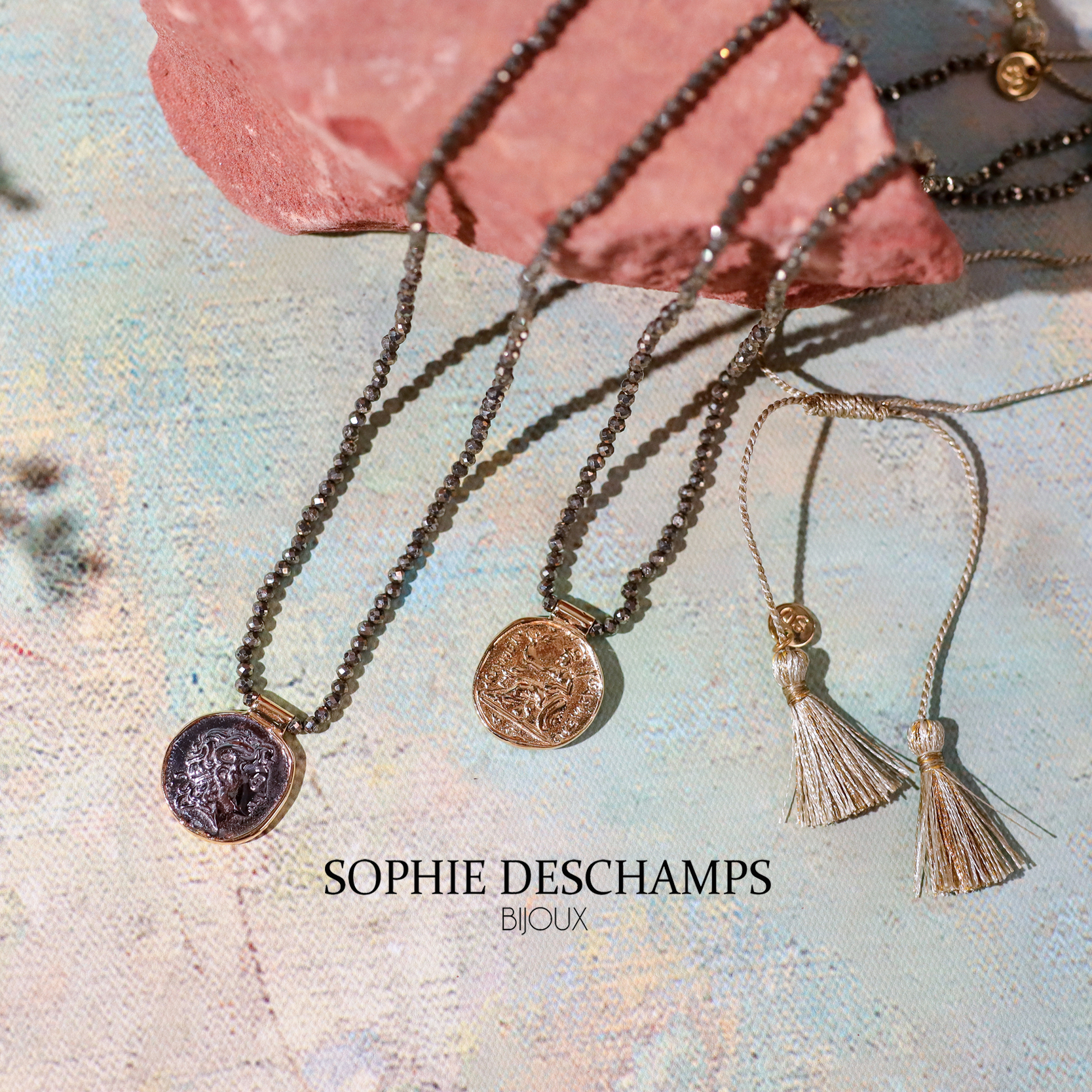 Sophie Deschamps里昂小众设计高保色黄铁矿双面可戴硬币项链