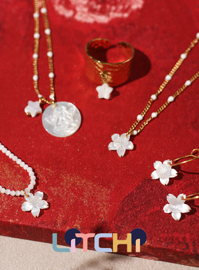 巴黎LITCHI正品天然石圈大圆盘小天使白母贝皮筋串珠戒指项链手链