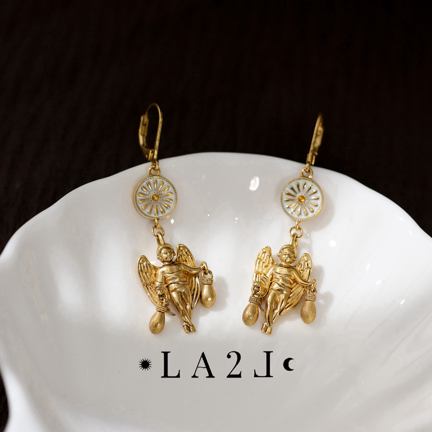法国LA2L正品 古典神秘复古Ange带翅膀的小天使太阳光环珐琅耳环