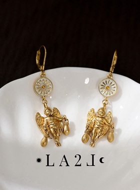 法国LA2L正品 古典神秘复古Ange带翅膀的小天使太阳光环珐琅耳环