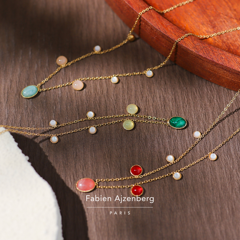巴黎Fabien Ajzenberg代购花朵椭圆天然石母贝孔雀石碧玉珍珠项链