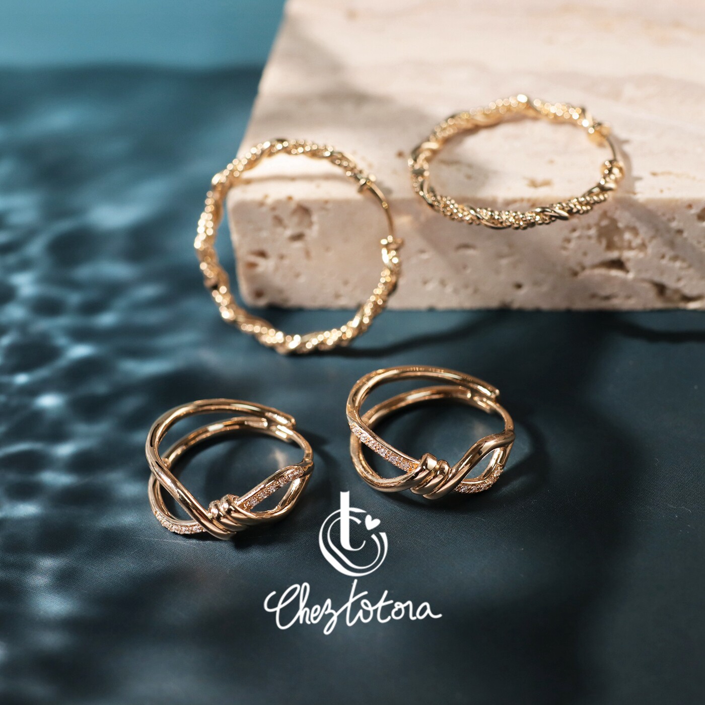 Chez Totora法国正品锆石几何线条交错拧绳麻花编织素金精致耳圈