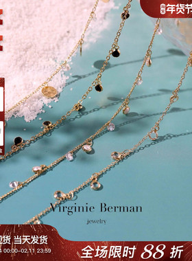 法国Virginie Berman拉丝圆片黑尖晶珍珠水晶铃铛雨滴单双层项链