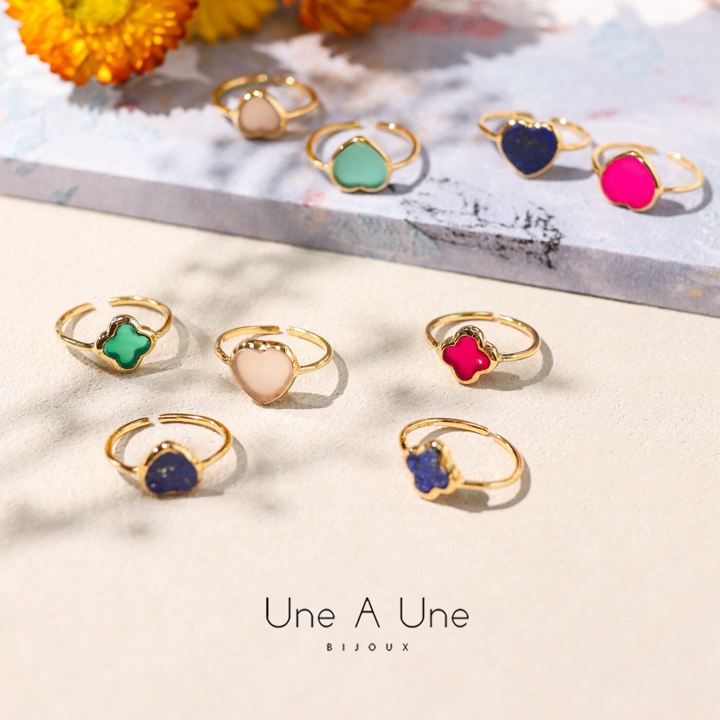 法国une a une正品爱心四叶草花天然青金石玛瑙玉髓水晶果冻戒指