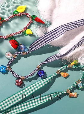 法国PALAS正品代购Picnic春日野餐水果花牛角包法式田园布艺项链