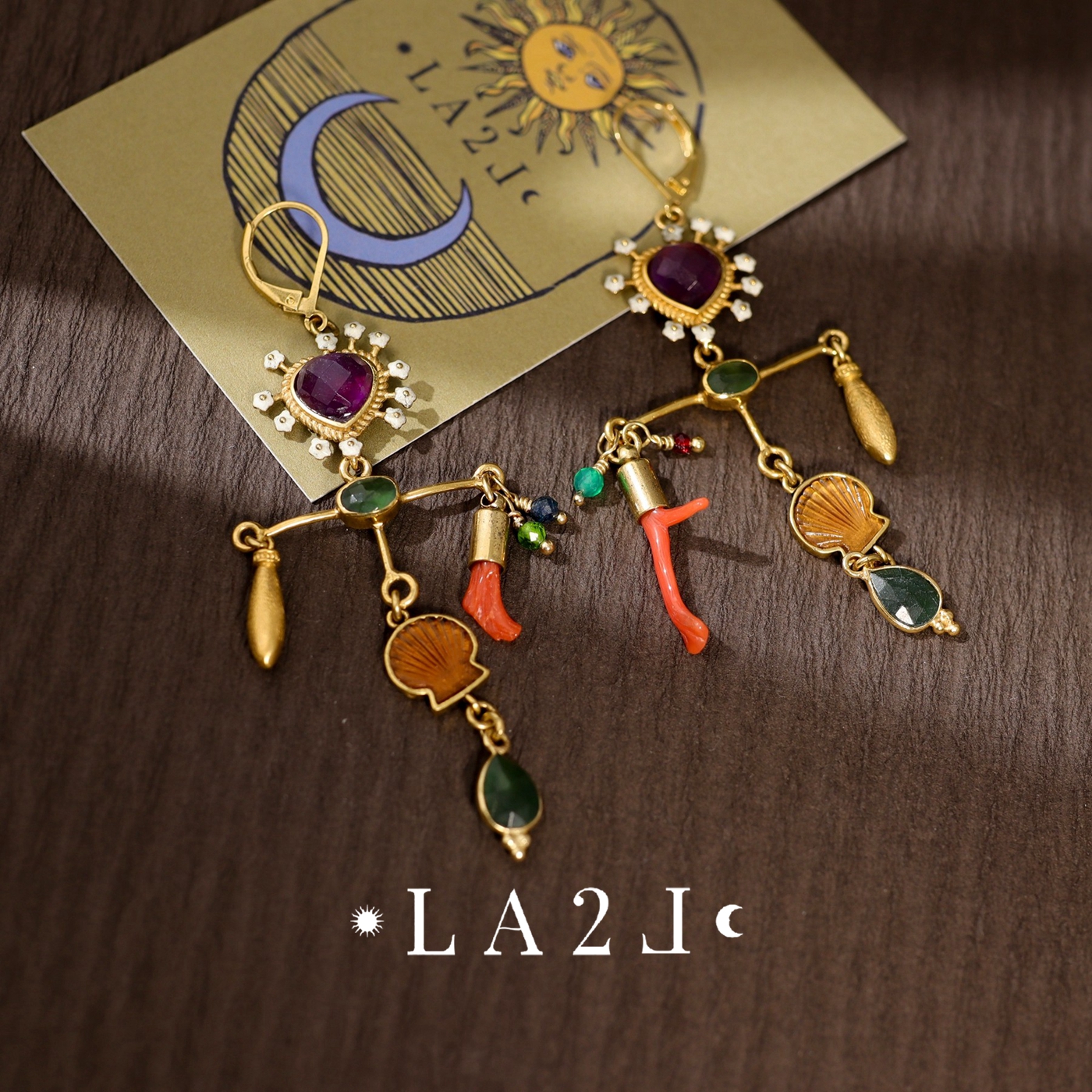 法国LA2L正品 古典神秘复古爱心紫水晶水滴琉璃贝壳十字架耳环