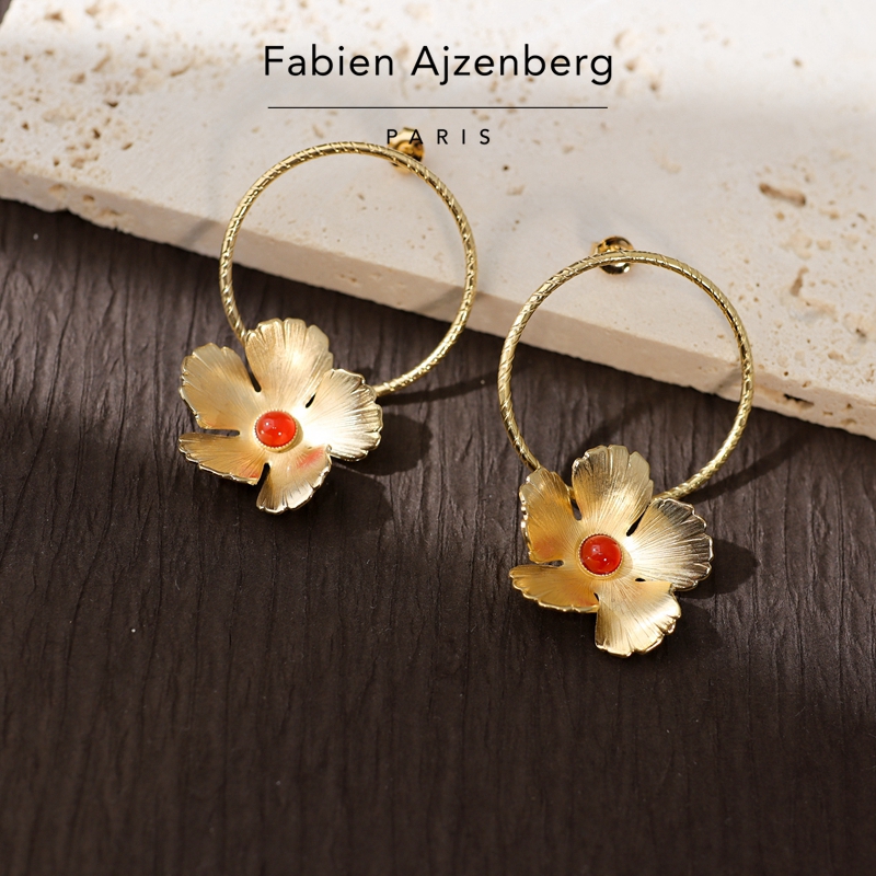 巴黎Fabien Ajzenberg代购Fleur青金石红玉髓花朵明艳时尚大耳圈