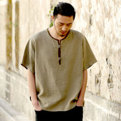 中国风男装 苎麻短袖 t恤男全麻宽松中年大码 唐装 麻半袖 体恤清尘