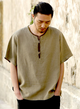 唐装中国风男装苎麻短袖t恤男全麻宽松中年大码麻半袖体恤清尘