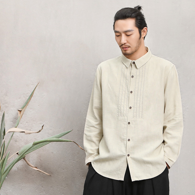 楠立领长袖国风苎麻衬衫天然透气