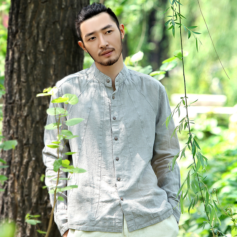 楠中国风100%苎麻长袖中式衬衫