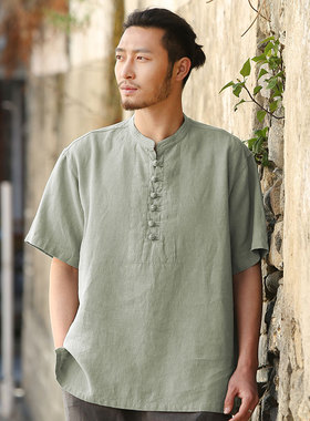 楠唐装中国风男装全麻短袖T恤男士半袖大码苎麻圆领盘扣上衣无尘