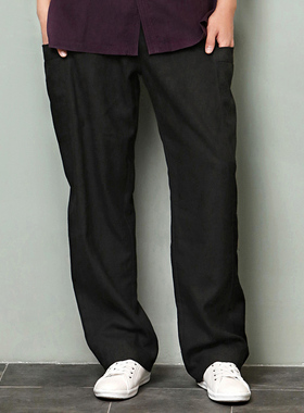 楠唐装中式苎麻裤男夏季长裤全麻直筒男士裤子加厚麻休闲裤陌尘