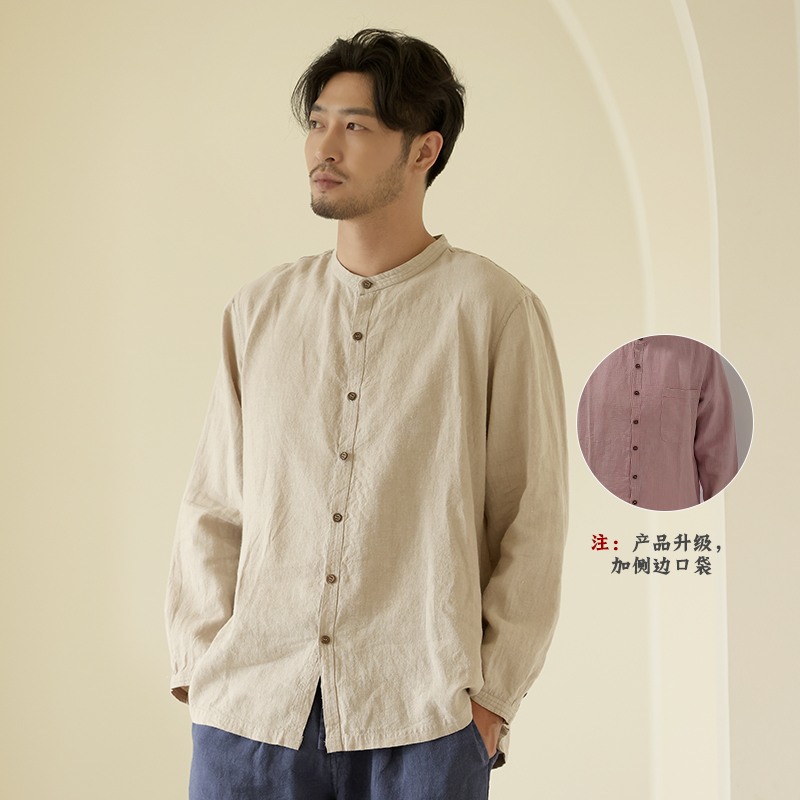 楠中国风100%苎麻衬衫中式长袖男