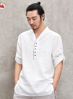 楠唐装中国风夏季薄款复古苎麻t恤男全麻短袖麻男士上衣旭日