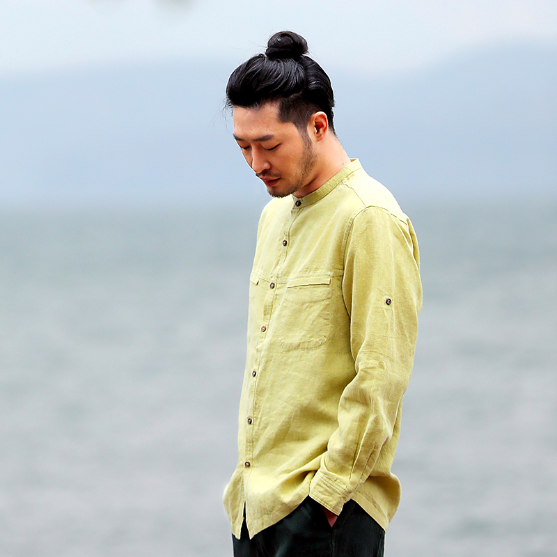 楠中国风苎麻衬衫男秋季男装2024新款长袖新中式亚麻上衣宽松尘望