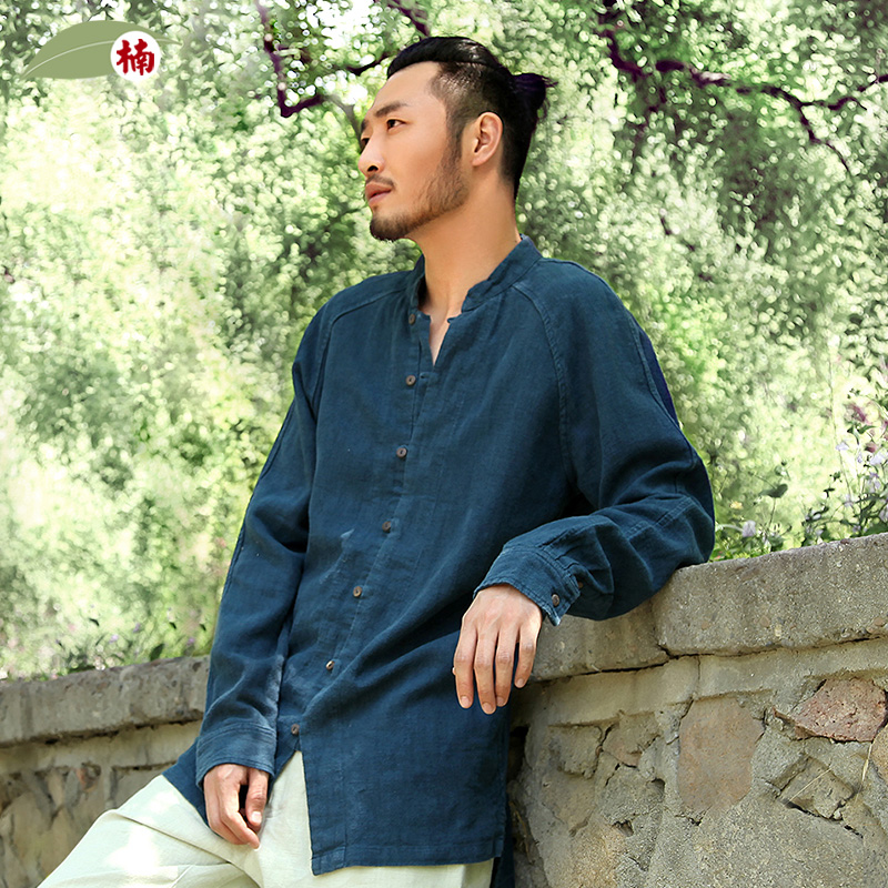 楠中国风100%苎麻长袖男装衬衫