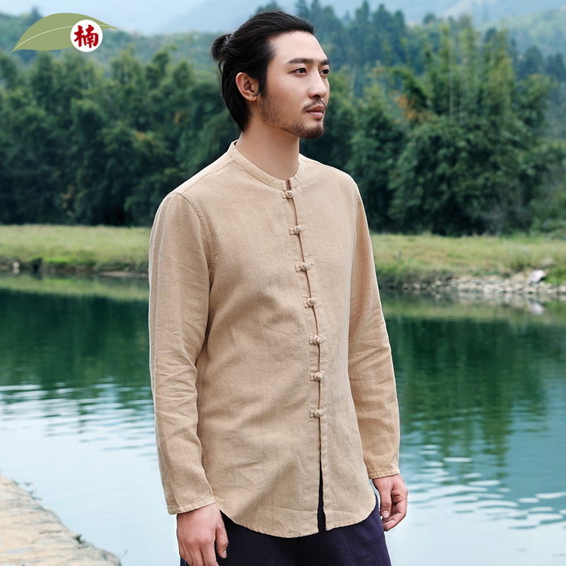 楠中国风男装秋季上衣苎麻唐装衬衫男复古新中式盘扣上衣衬衣萧枫