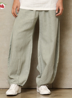 中国风全麻裤男夏季加肥苎麻男裤僧裤宽松长裤唐装收口裤子丹墨