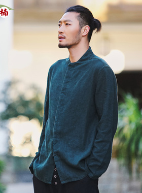 楠唐装衬衣中国风秋季上衣苎麻衬衫男长袖中年全麻新中式打底赤枫
