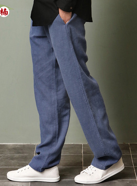 楠唐装男中国风苎麻休闲裤纯亚麻裤子秋季宽松男中年全麻长裤玄清