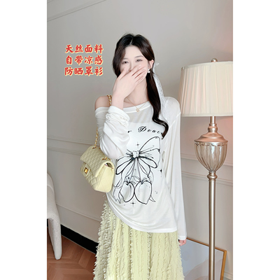 天丝凉感罩衫斜肩印花长袖上衣女